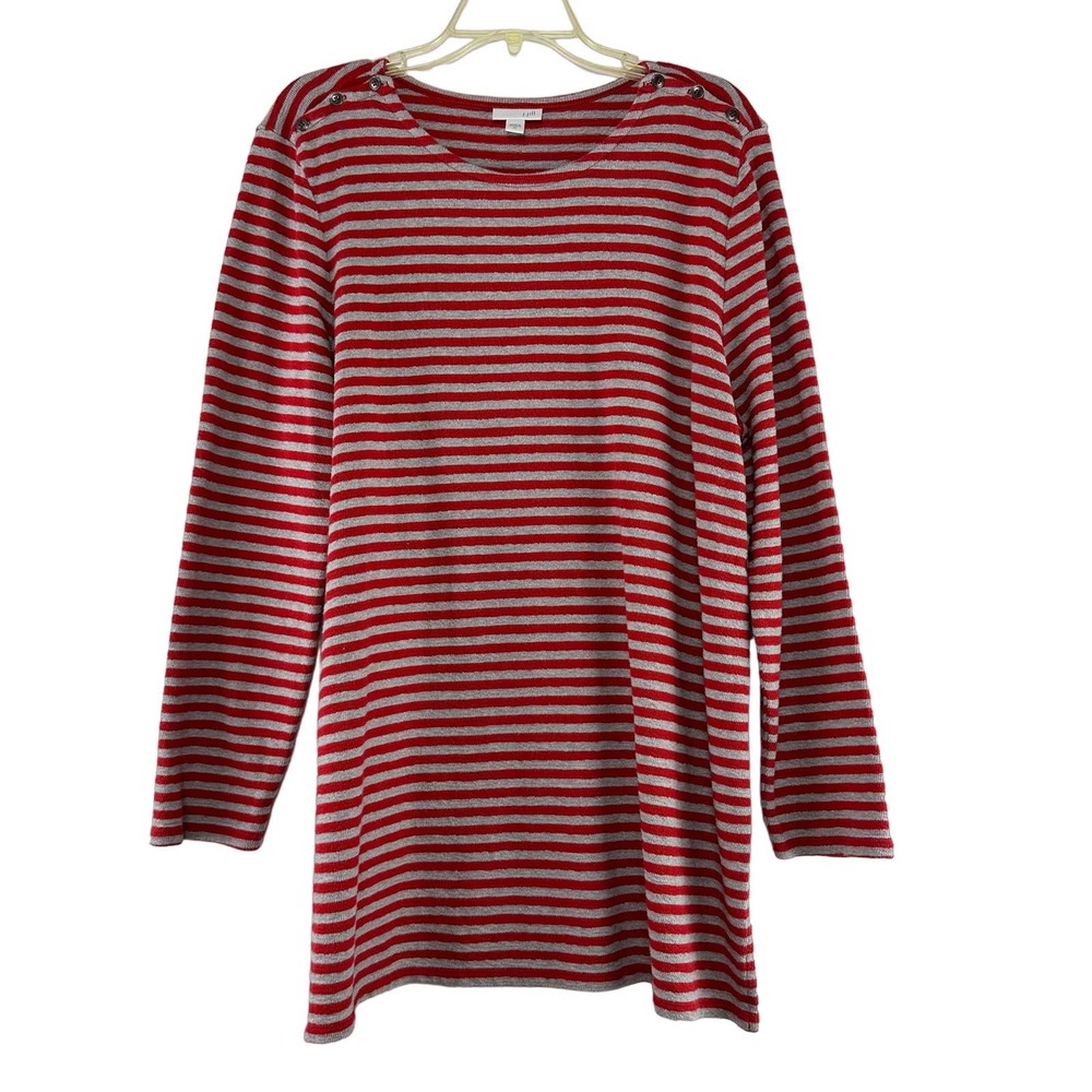 J Jill Pullover Tunic‎ Top Womens Size XL Red Gray Striped Long Sleeve